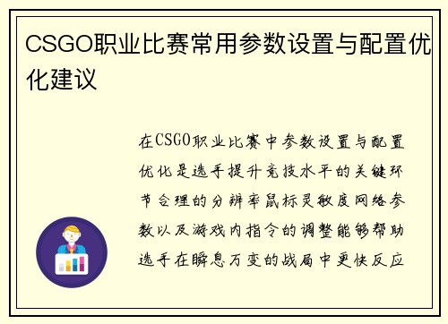 CSGO职业比赛常用参数设置与配置优化建议